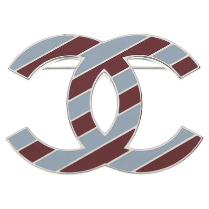 Chanel CC Logo Striped Brooch Pin Badge Silver Brown