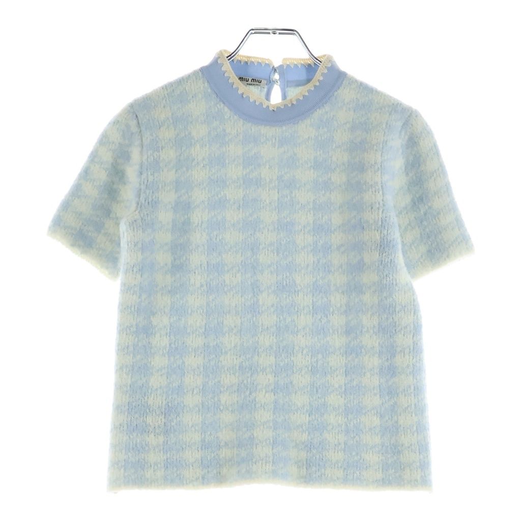 Miu Miu Set Check All Over Wool Knit Short Sleeve Top Sweater Mini Skirt Light — view 2