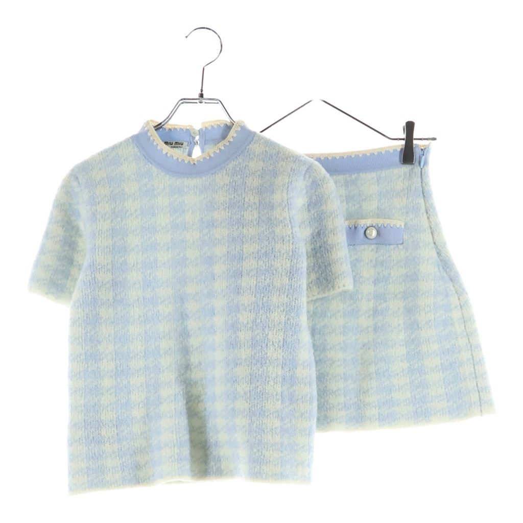 Miu Miu Set Check All Over Wool Knit Short Sleeve Top Sweater Mini Skirt Light