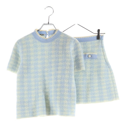 Miu Miu Set Check All Over Wool Knit Short Sleeve Top Sweater Mini Skirt Light