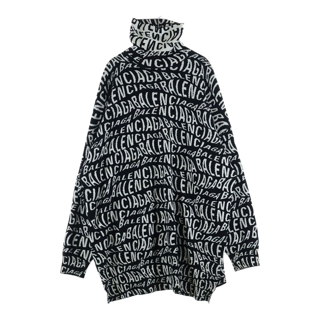 Balenciaga Logo Wave Turtleneck Knit Sweatshirt All Over Pattern Sweater Black