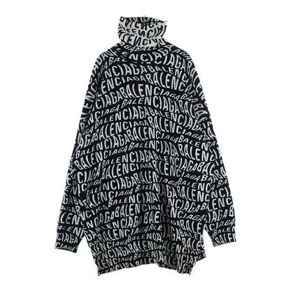 Balenciaga Logo Wave Turtleneck Knit Sweatshirt All Over Pattern Sweater Black