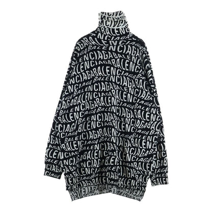 Balenciaga Logo Wave Turtleneck Knit Sweatshirt All Over Pattern Sweater Black — view 2