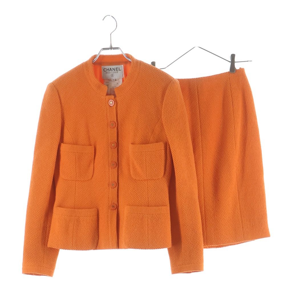 Chanel Coco Button Multi Pocket Set Wool Jacket Skirt Orange 40