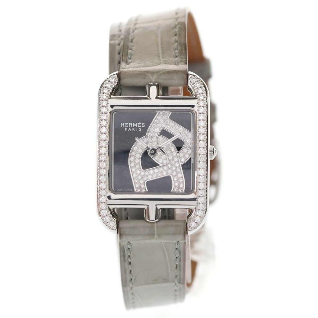 Hermes Cape Cod Chaine D'ancre Black Dial Diamond Bezel Stainless Steel Leather