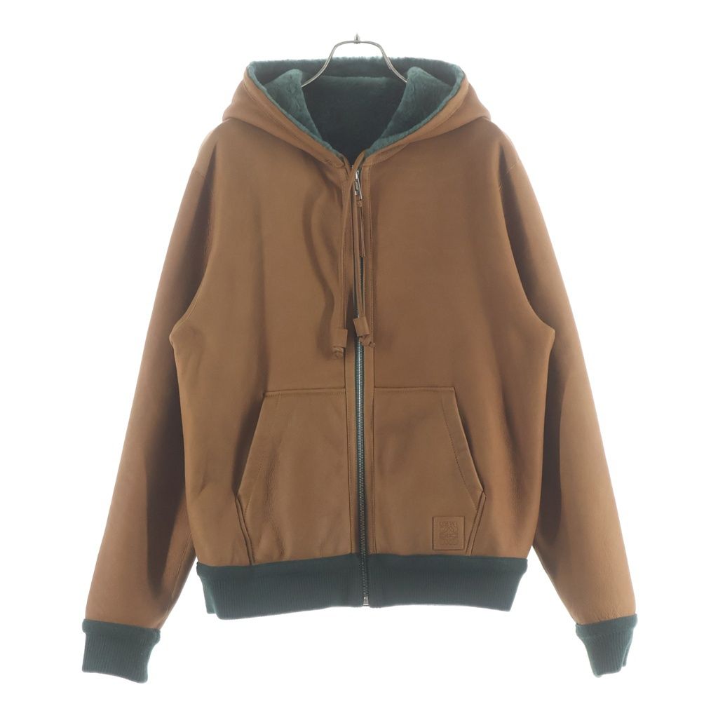 Loewe Hoodie in Shearing Reversible Mohair Hooded Zip Up Jacket Green Brown — view 3