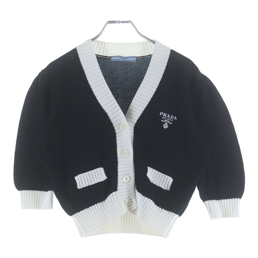 Prada Cropped Cotton Plain Knit Cardigan Black White