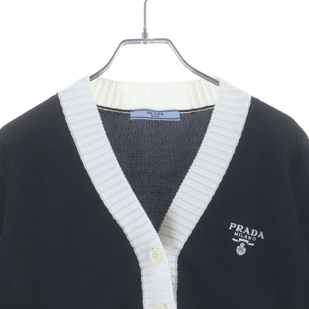 Prada Cropped Cotton Plain Knit Cardigan Black White — view 3