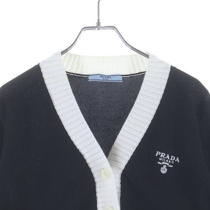 Prada Cropped Cotton Plain Knit Cardigan Black White — view 3