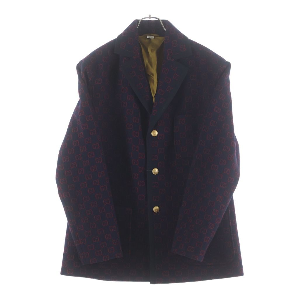 Gucci GG Logo Allover Pattern Wool Tailored Jacket Navy Red