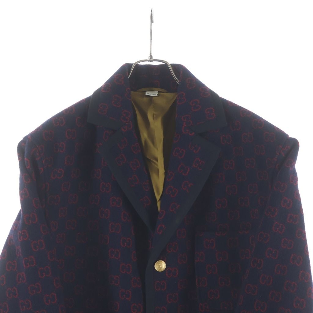 Gucci GG Logo Allover Pattern Wool Tailored Jacket Navy Red — view 3