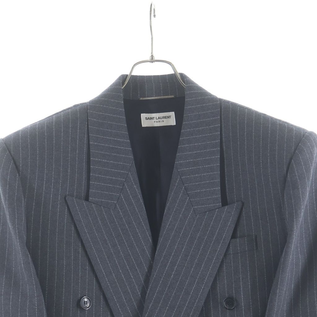 Saint Laurent Paris Striped Pattern Double Breasted Wool Tailored Jacket Gray — view 3