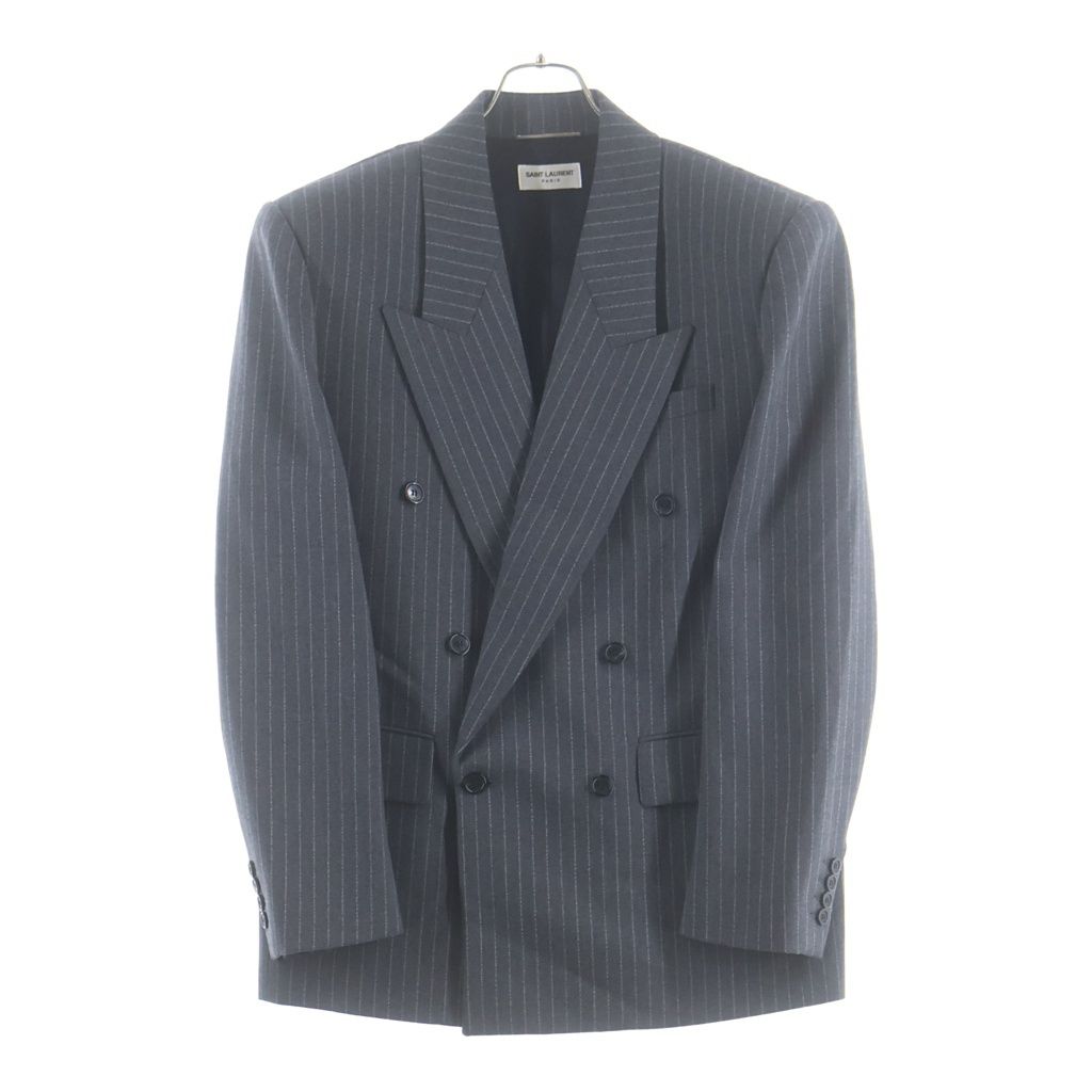 Saint Laurent Paris Striped Pattern Double Breasted Wool Tailored Jacket Gray