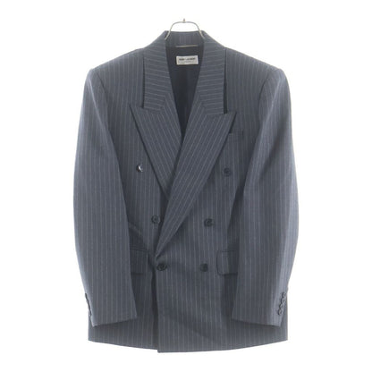 Saint Laurent Paris Striped Pattern Double Breasted Wool Tailored Jacket Gray