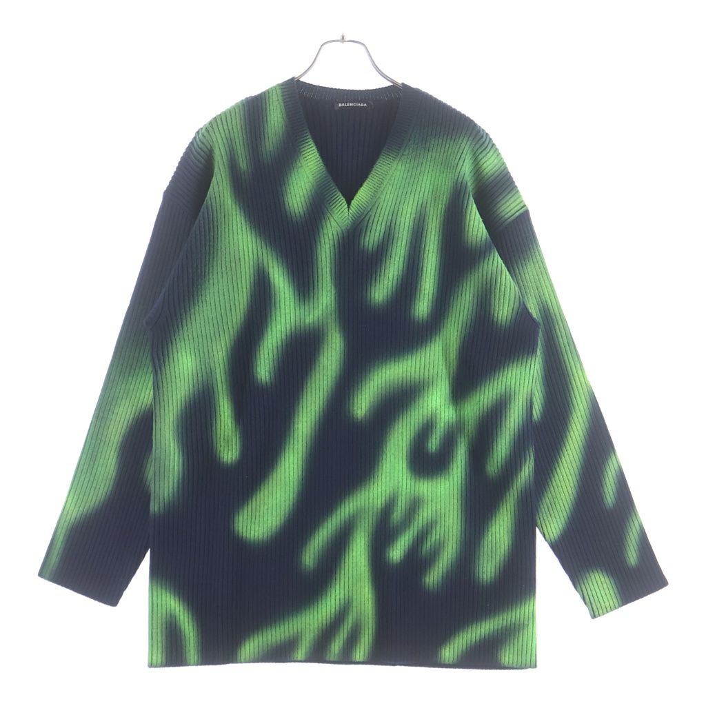 Balenciaga Green Flame Wool Knit Neck Long Sleeve Sweater Dark Navy