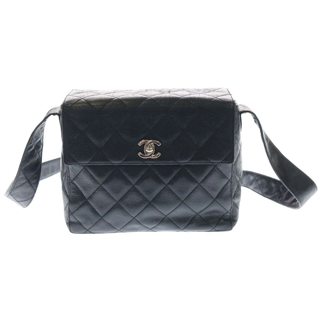 Chanel Quilted Shoulder Bag Black Caviar Leather Silver