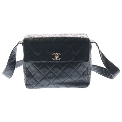 Chanel Quilted Shoulder Bag Black Caviar Leather Silver