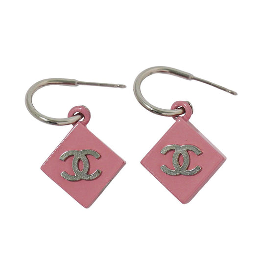 Chanel CC Logo Earrings Plastic Metal Pink Silver