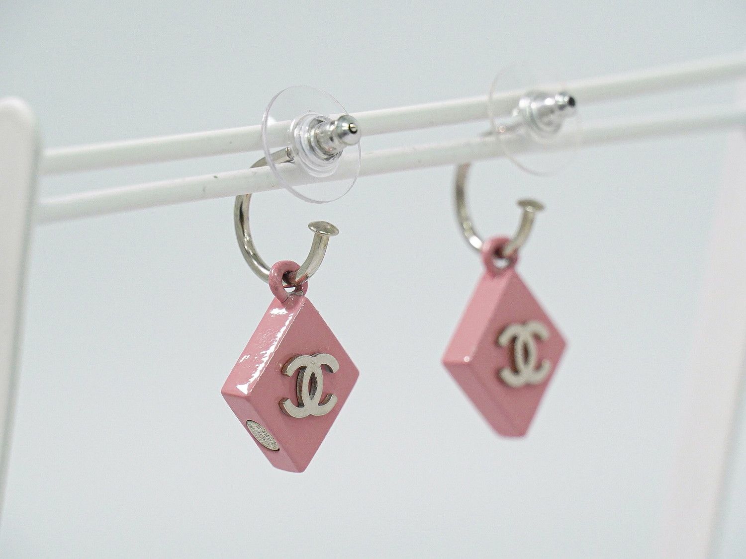Chanel CC Logo Earrings Plastic Metal Pink Silver — view 8