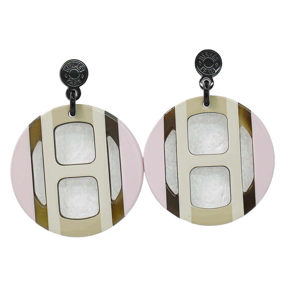 Hermes Equipe Buffalo Horn Earrings Metal Silver Multicolor