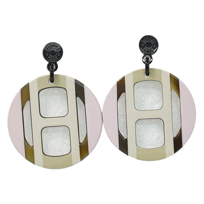 Hermes Equipe Buffalo Horn Earrings Metal Silver Multicolor