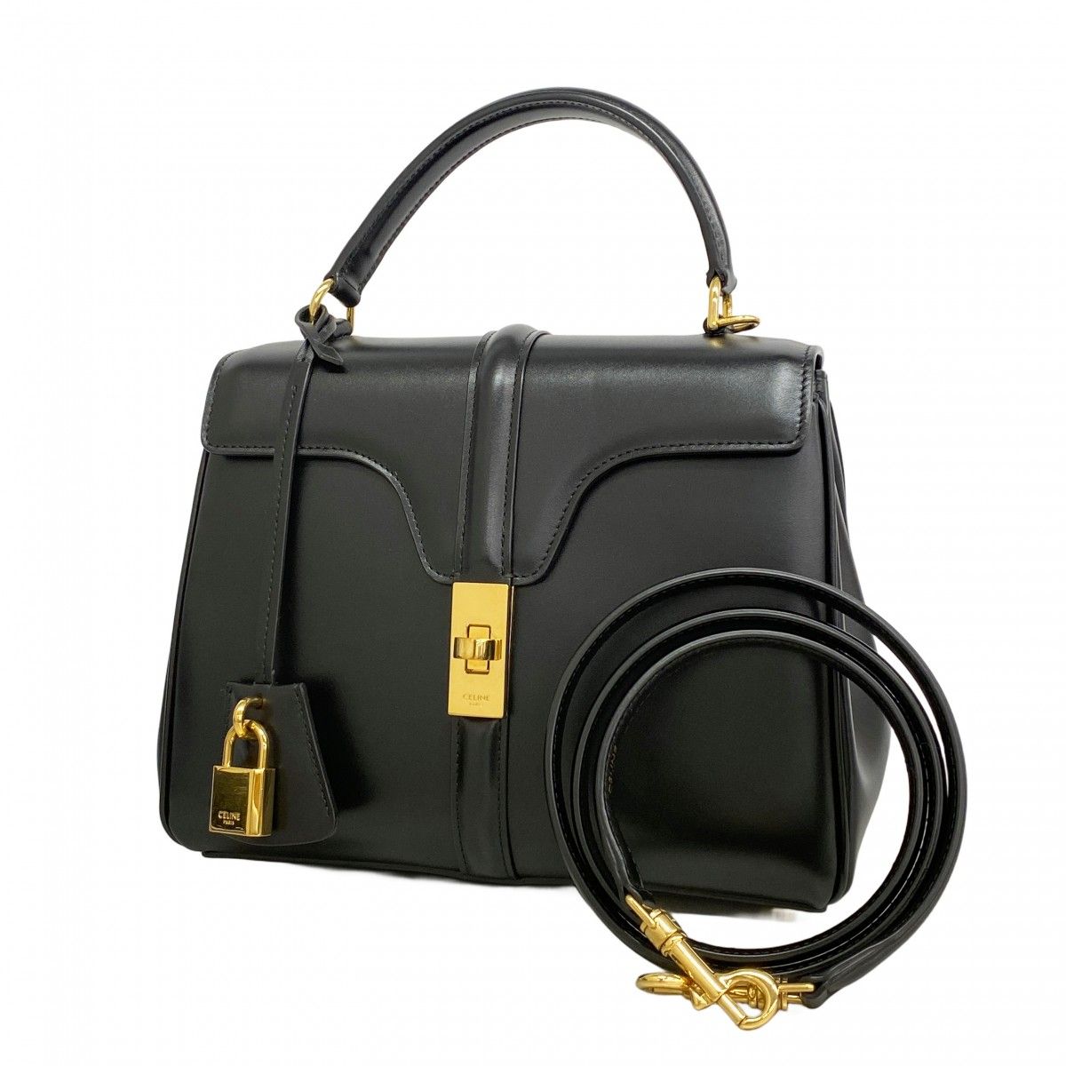 Celine Handbag Seise Leather Black Gold 2-Way Bag