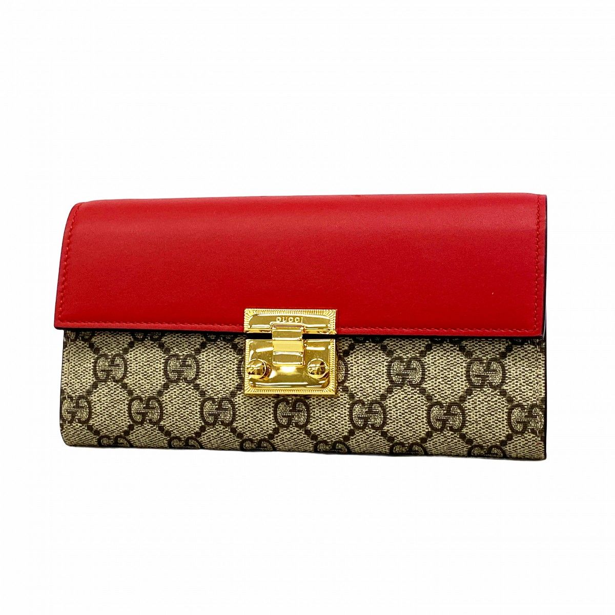 Gucci Wallet GG Supreme Leather Beige Brown Red Gold