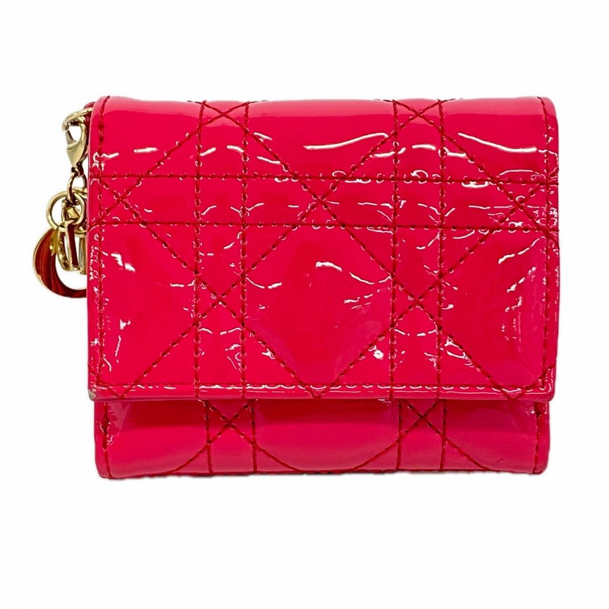 Dior Trifold Wallet Cannage Enamel Pink Champagne Gold