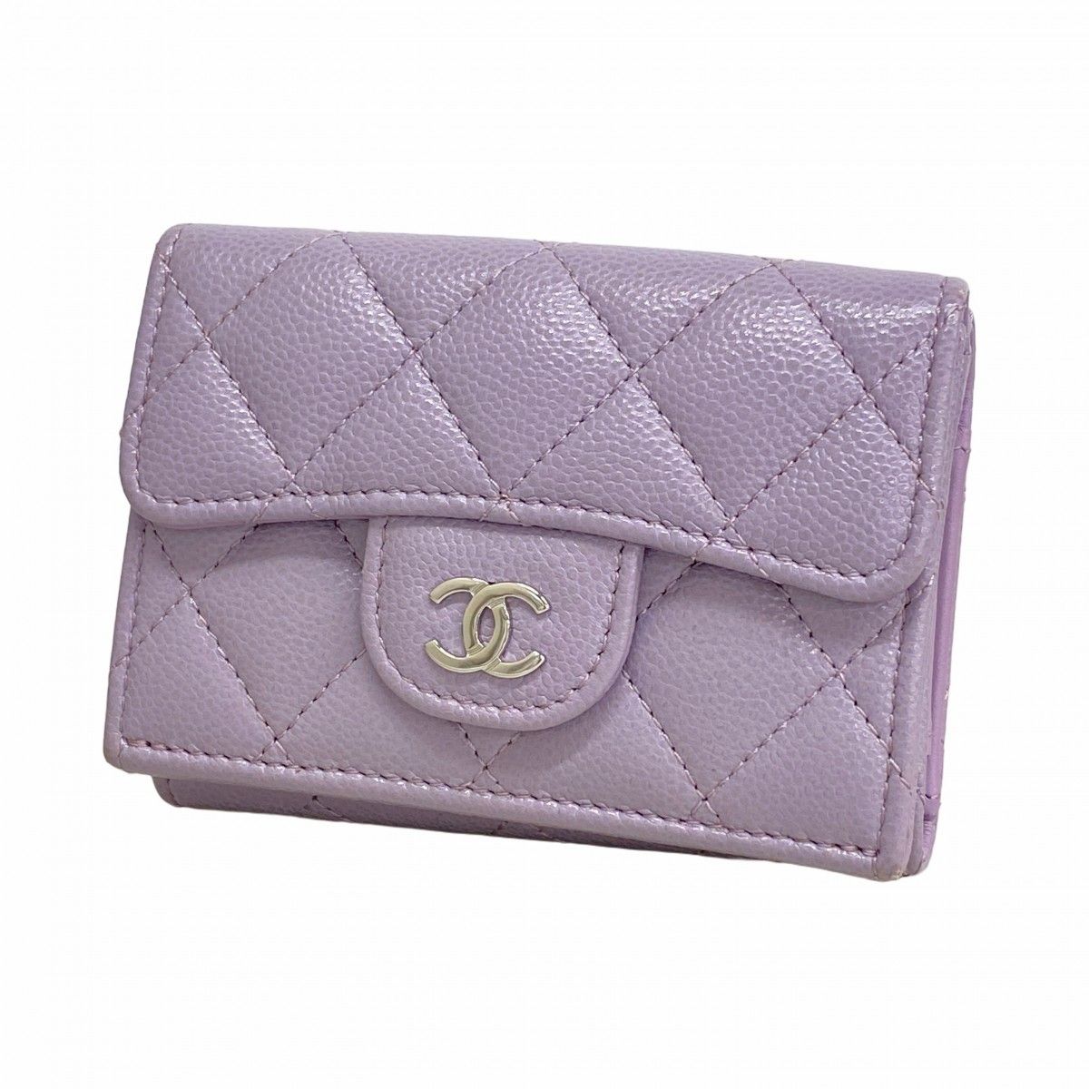 Chanel Trifold Wallet Quilted Caviar Leather Purple Silver
