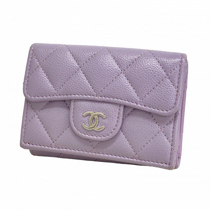 Chanel Trifold Wallet Quilted Caviar Leather Purple Silver