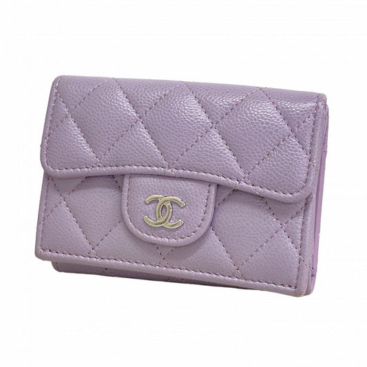 Chanel Trifold Wallet Quilted Caviar Leather Purple Silver
