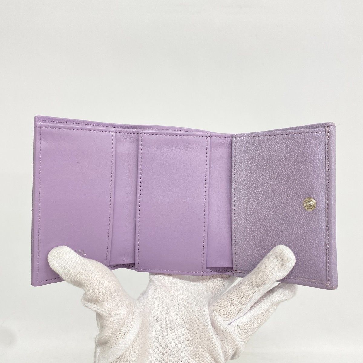 Chanel Trifold Wallet Quilted Caviar Leather Purple Silver — view 3