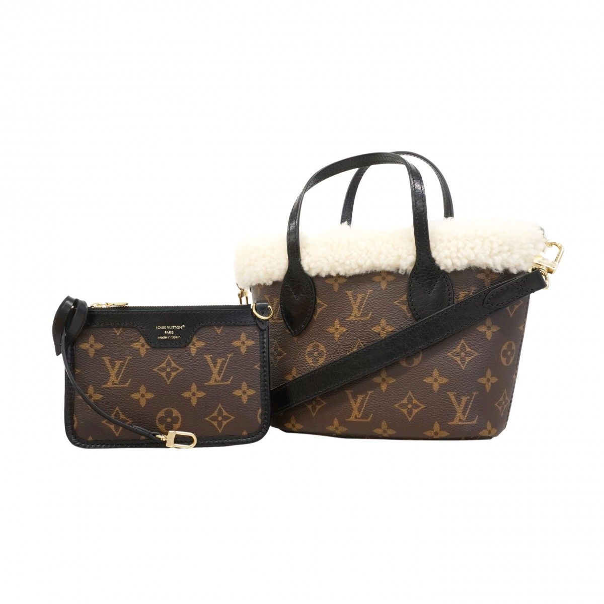 Louis Vuitton Handbag Monogram Shearling Neverfull Inside Out BB Brown White