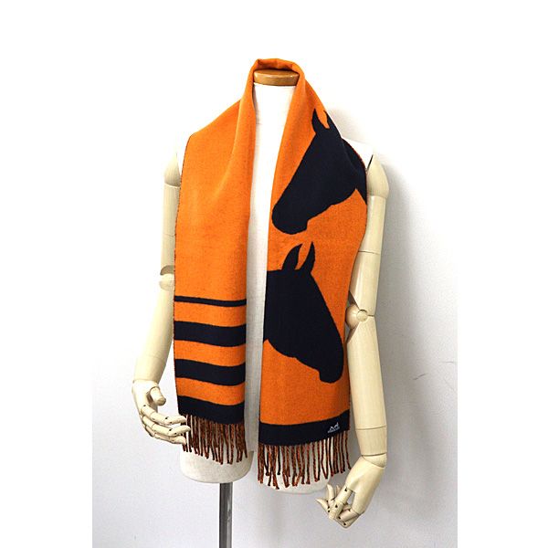 Hermes Scarf Love Story Orange Navy Cashmere Horse Jacquard Weave — view 3