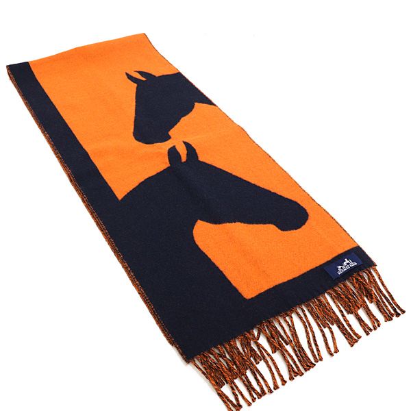 Hermes Scarf Love Story Orange Navy Cashmere Horse Jacquard Weave — view 6
