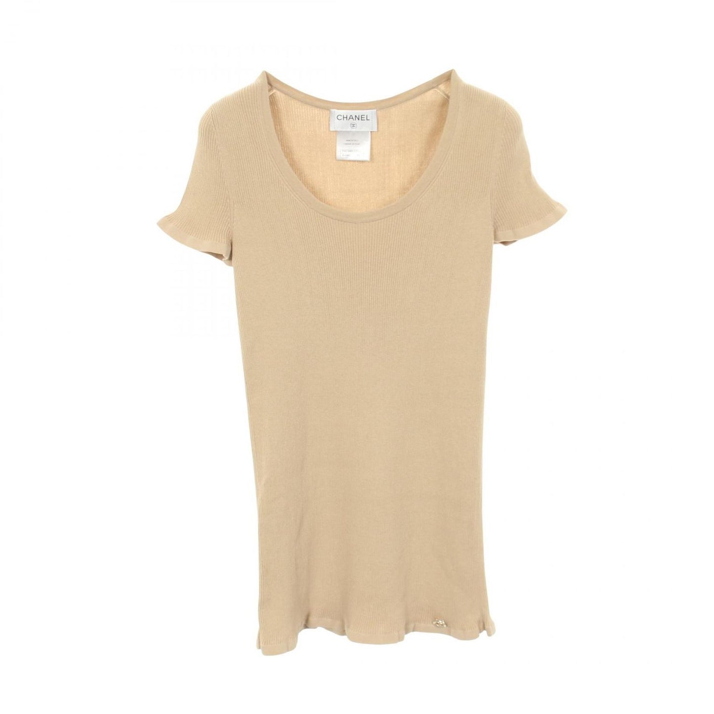 Chanel Knit CC Logo Button Short Sleeve Rib Beige Cotton Silk Sweater