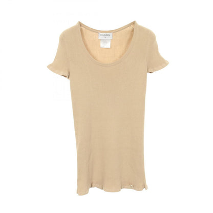 Chanel Knit CC Logo Button Short Sleeve Rib Beige Cotton Silk Sweater