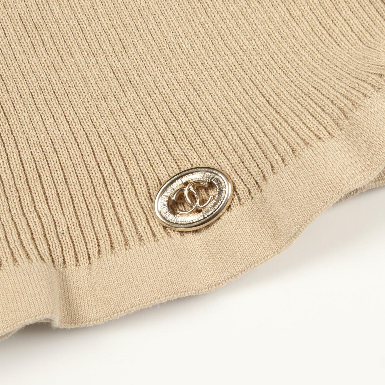 Chanel Knit CC Logo Button Short Sleeve Rib Beige Cotton Silk Sweater — view 5