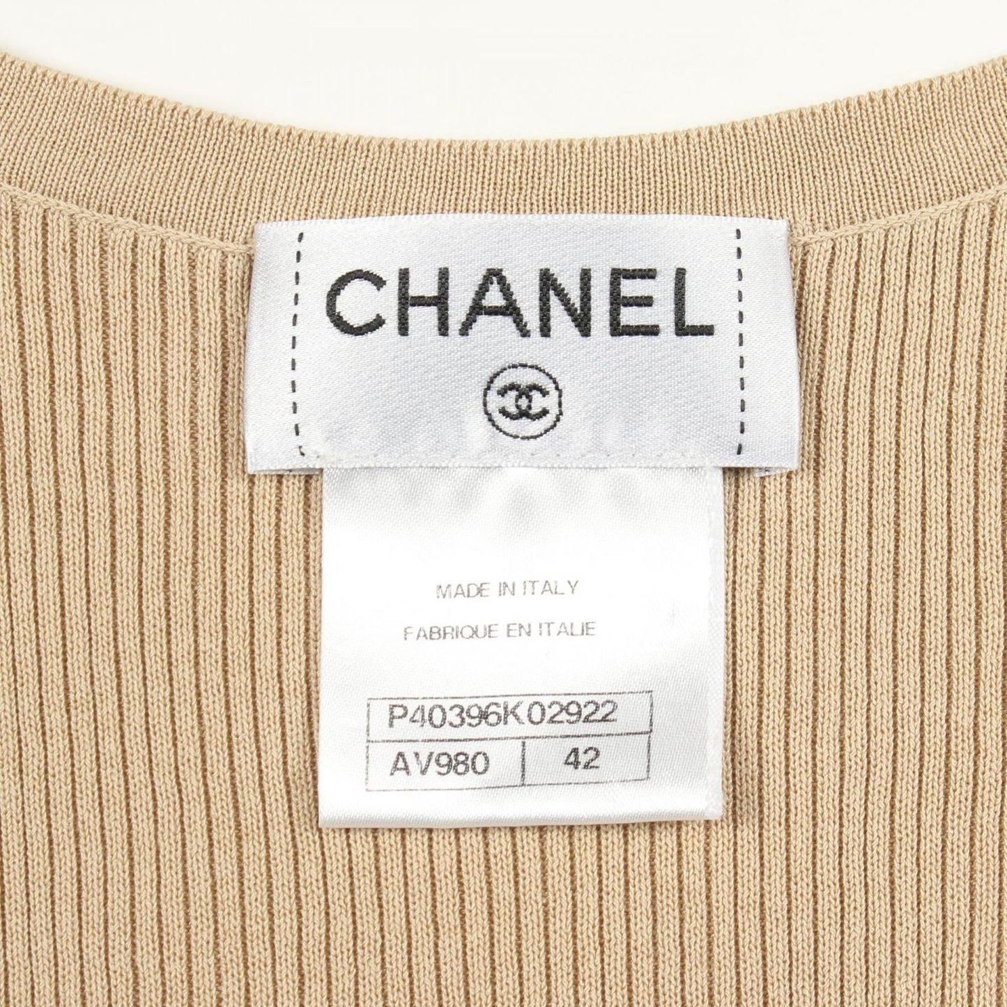 Chanel Knit CC Logo Button Short Sleeve Rib Beige Cotton Silk Sweater — view 3