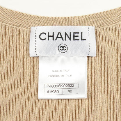 Chanel Knit CC Logo Button Short Sleeve Rib Beige Cotton Silk Sweater — view 3