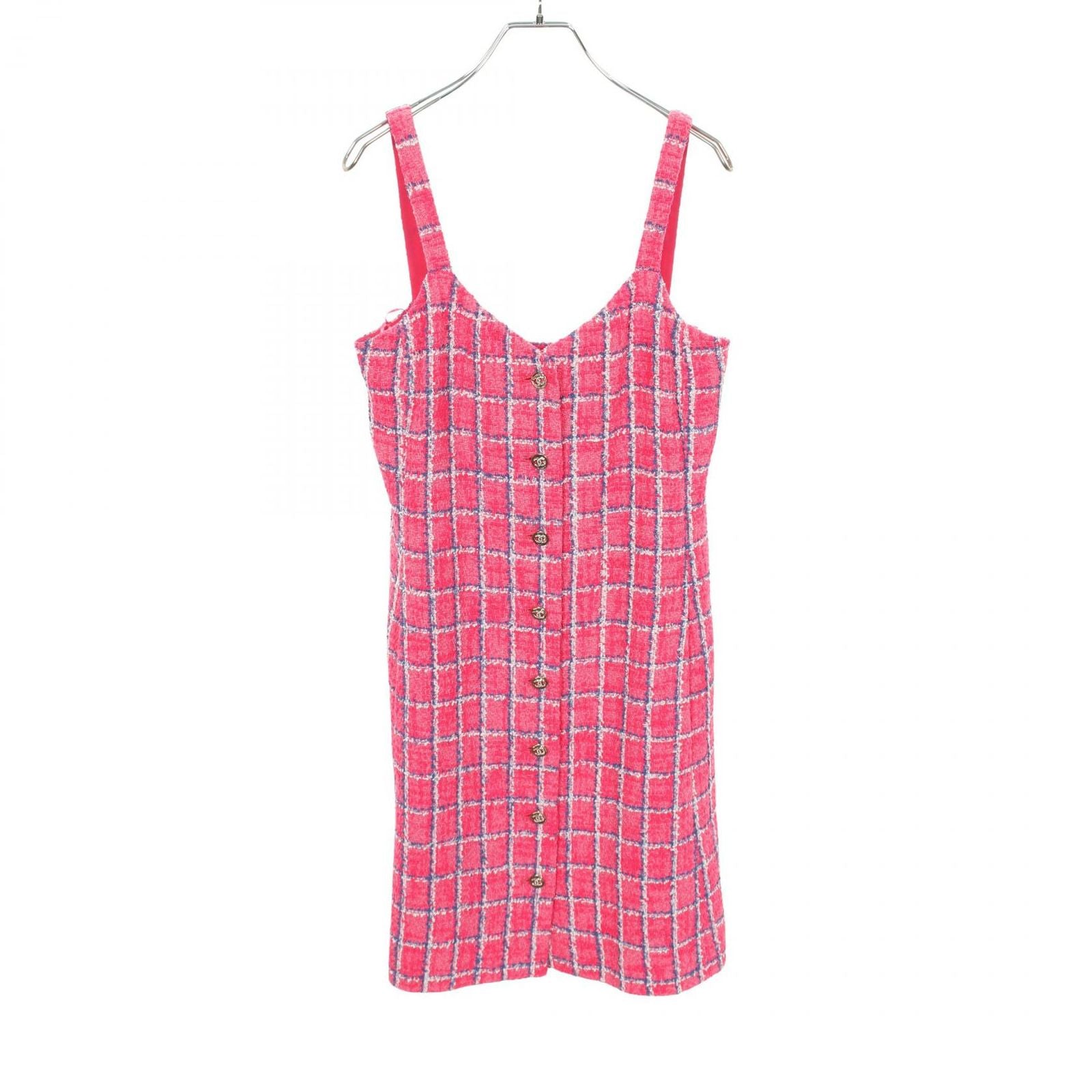 Chanel Dress CC Logo Button Tweed Cami Pink Cotton