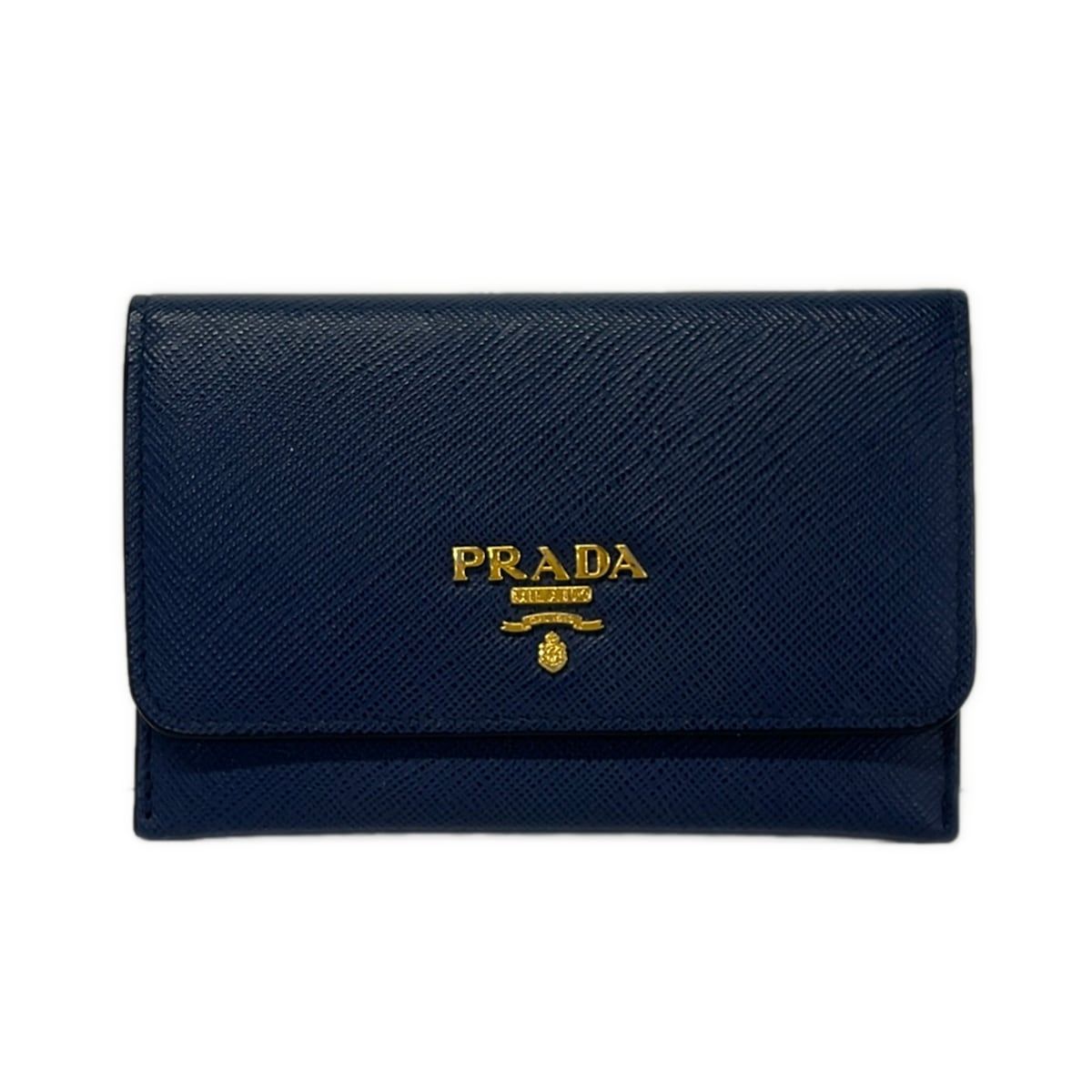 Prada Card Case Navy Gold Leather