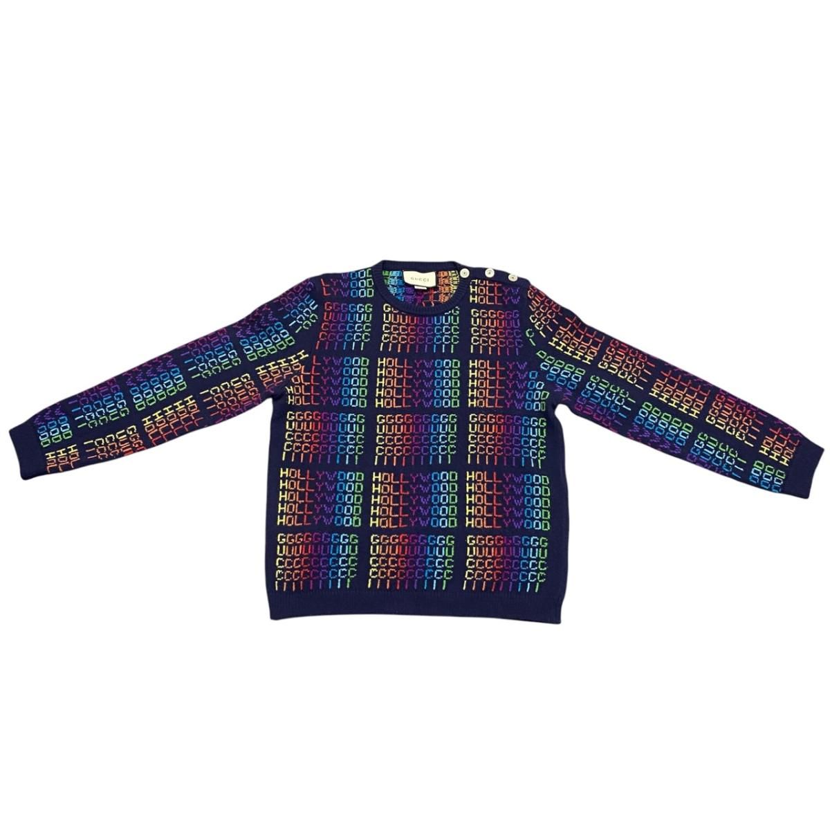 Gucci Sweater Logo Total Pattern Knit XL U-le Navy Rainbow Multicolor