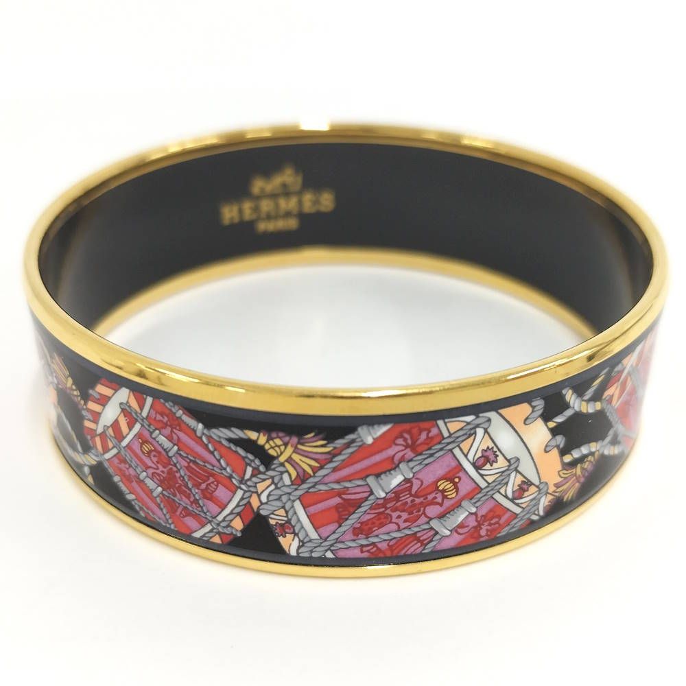 Hermes Enamel GM Bangle Plated Gold Black Multicolor Bracelet