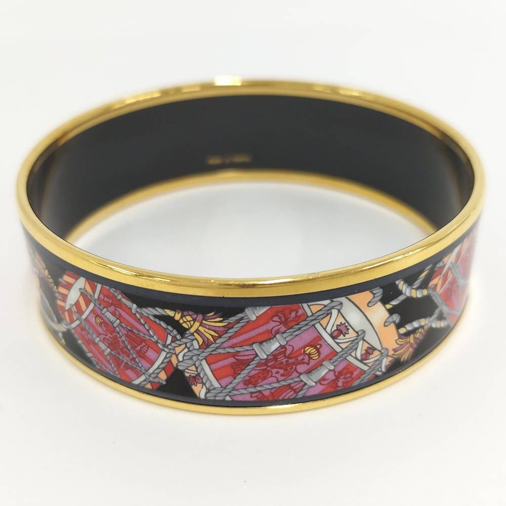 Hermes Enamel GM Bangle Plated Gold Black Multicolor Bracelet — view 3