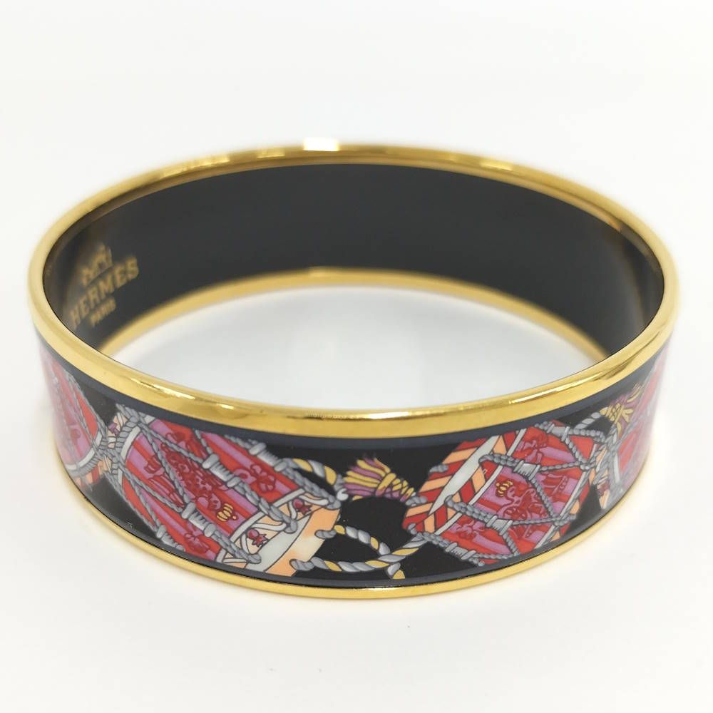 Hermes Enamel GM Bangle Plated Gold Black Multicolor Bracelet — view 4