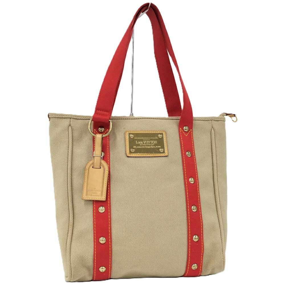 Louis Vuitton Antigua Cabas MM Tote Bab Canvas Leather Beige Red