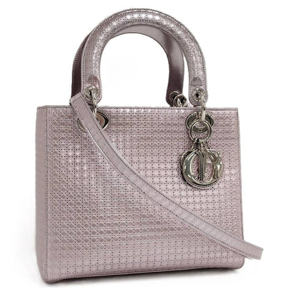 Dior Lady Dior 2-Way Shoulder Bag Leather Metallic Pink