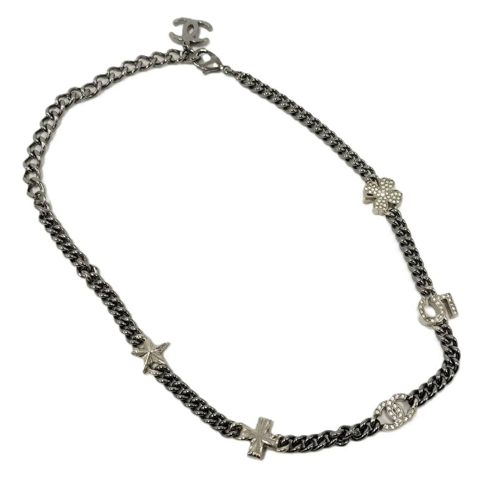 Chanel Necklace Coco Line Stone CC Logo Plated Silver