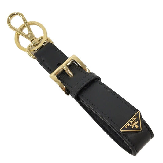 Prada Key Ring Triangle Logo Leather Black